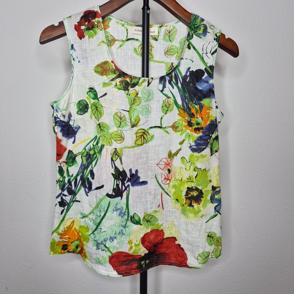 Coldwater Creek Watercolor Abstract Floral 100% Linen Tank Artsy Coastal Grandma